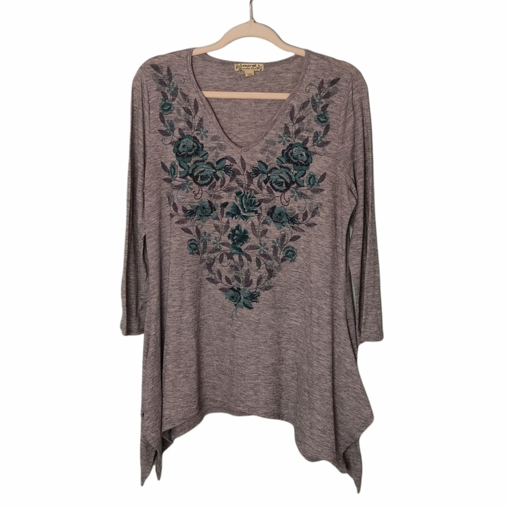 Energē‎ Tunic Top Womens Large Gray Teal Floral Embroidery Sharkbite Hem V-neck